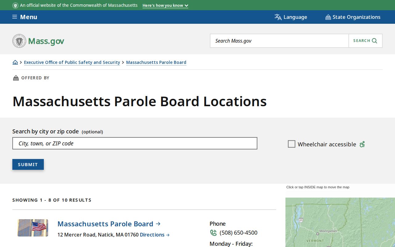 Massachusetts Parole Board supervision and reentry office directory