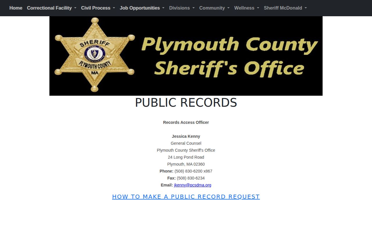 Plymouth County Sheriff's Department public records and Records Access Officer page